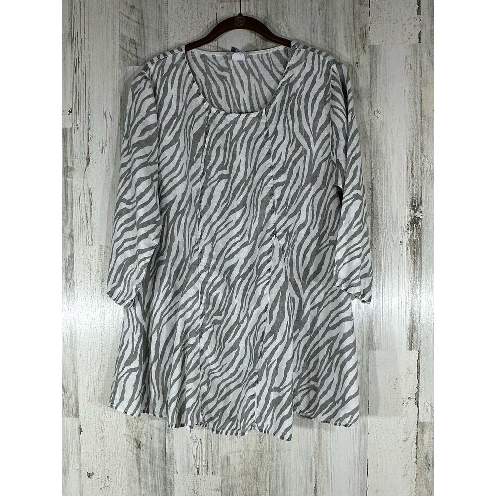 Match Point Linen Tunic‎ Top Size Smaill Oversized Gray White Zebra 3/4 Sleeve
